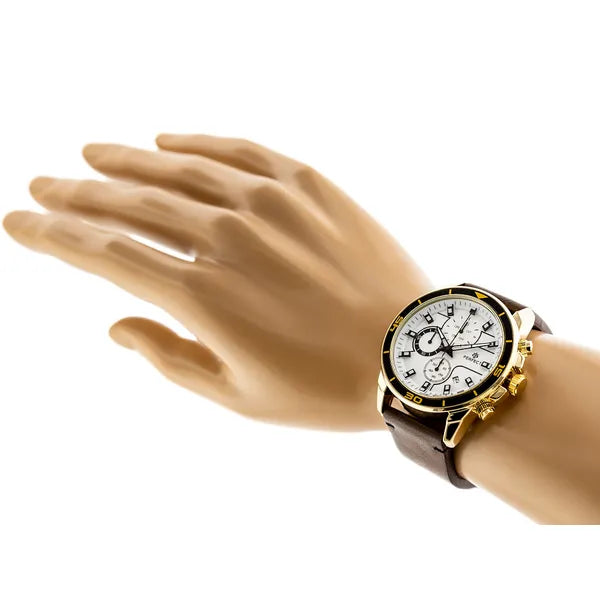 Férfi chronograph karóra, Miyota quartz, barna bőrszíj, arany 46 mm WR30