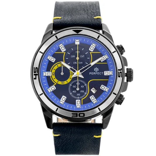 Férfi kronográf karóra – japán kvarc, kék számlap, bőr szíj, 46 mm