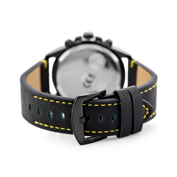 Férfi kronográf karóra – japán kvarc, kék számlap, bőr szíj, 46 mm