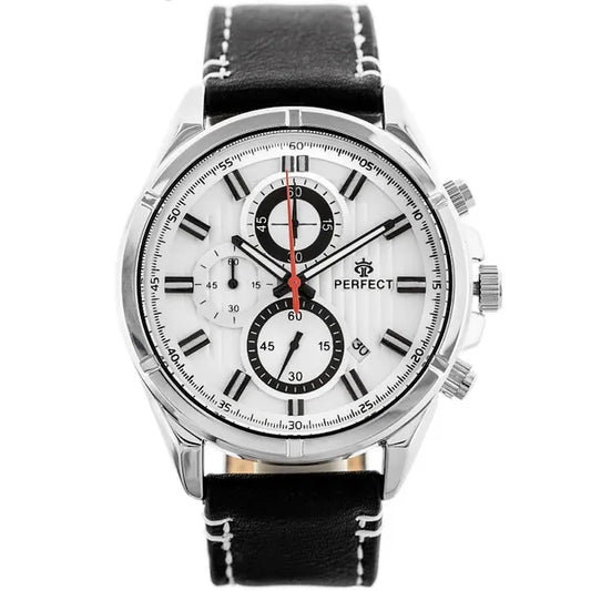 Perfect férfi kronográf karóra, kvarc, 44 mm, fekete bőrszíj