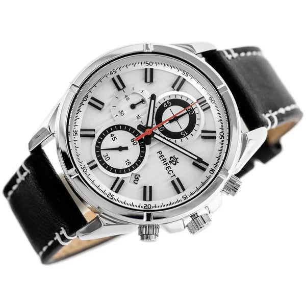 Perfect férfi kronográf karóra, kvarc, 44 mm, fekete bőrszíj