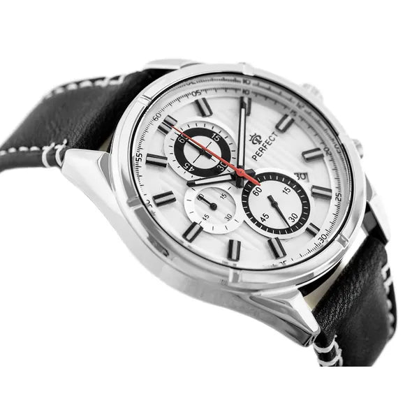 Perfect férfi kronográf karóra, kvarc, 44 mm, fekete bőrszíj