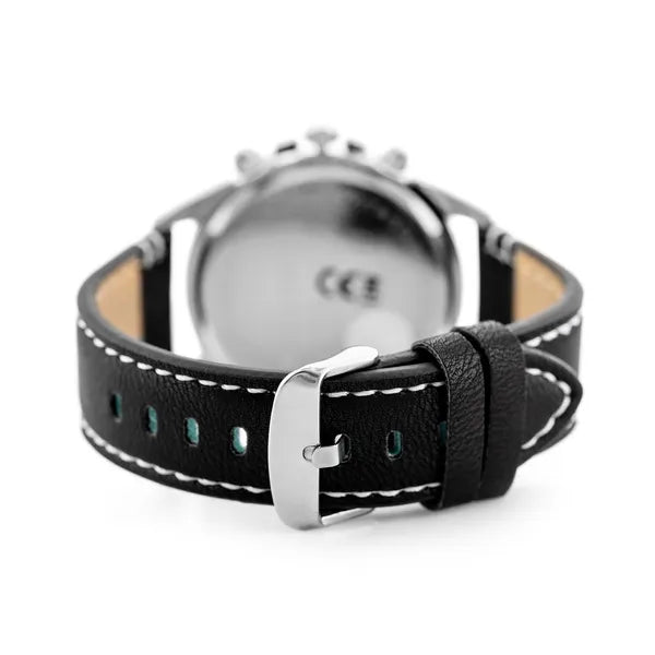 Perfect férfi kronográf karóra, kvarc, 44 mm, fekete bőrszíj