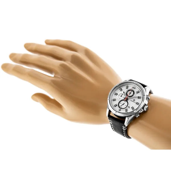 Perfect férfi kronográf karóra, kvarc, 44 mm, fekete bőrszíj