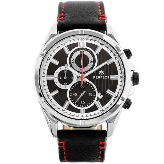 Férfi kronográf karóra, Miyota quartz, fekete bőrszíj, ezüst tok, 44 mm