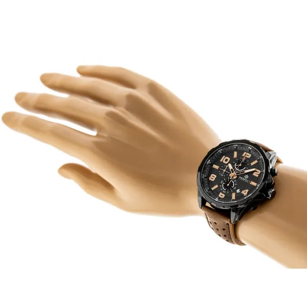 Perfect CH05L férfi kronográf karóra barna bőrszíjjal, fekete számlap, 48mm