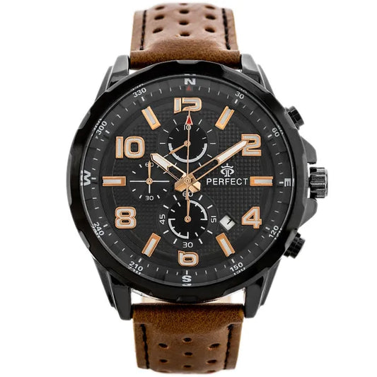 Perfect CH05L férfi kronográf karóra barna bőrszíjjal, fekete számlap, 48mm