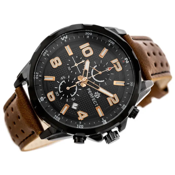 Perfect CH05L férfi kronográf karóra barna bőrszíjjal, fekete számlap, 48mm