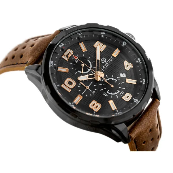 Perfect CH05L férfi kronográf karóra barna bőrszíjjal, fekete számlap, 48mm