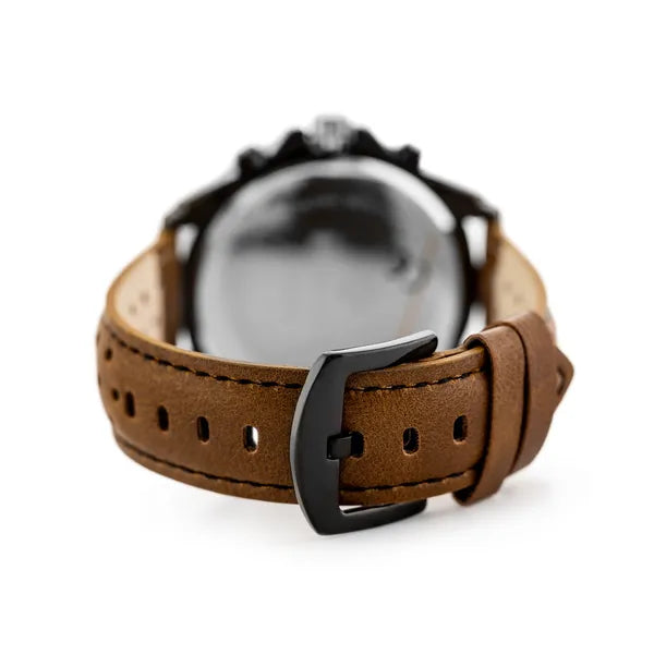 Perfect CH05L férfi kronográf karóra barna bőrszíjjal, fekete számlap, 48mm