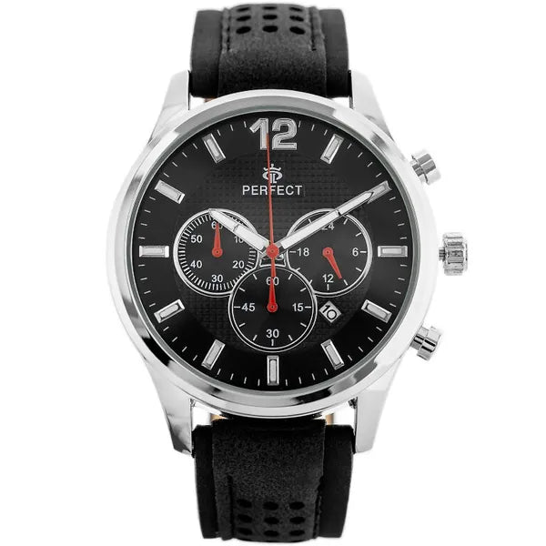 Perfect férfi kronográf karóra, 44 mm tok, Miyota quartz, fekete bőr