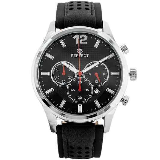 Perfect férfi kronográf karóra, 44 mm tok, Miyota quartz, fekete bőr