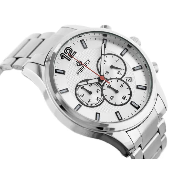 Férfi kronográf karóra Miyota kvarc, 44 mm, ezüst acél szíj + díszdoboz