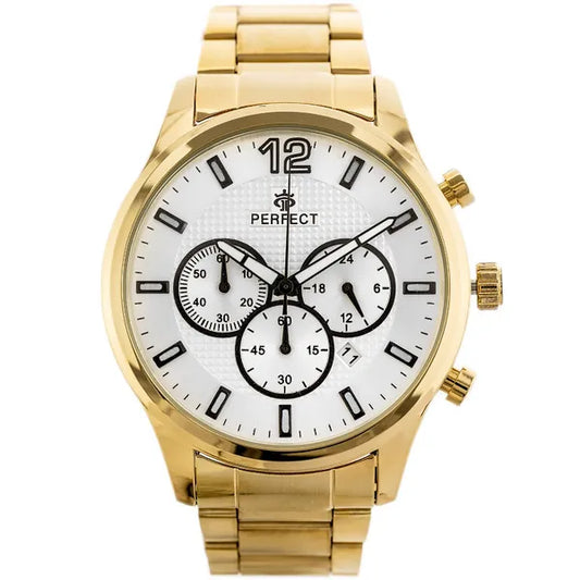 Férfi kronográf karóra arany fém szíjjal, ezüst számlap, 44 mm