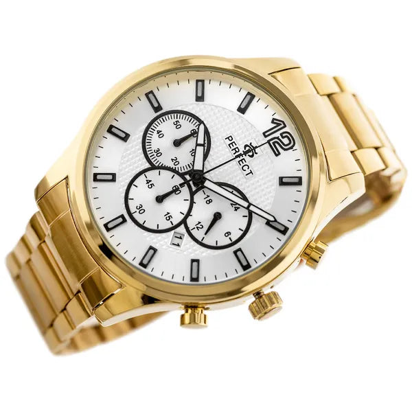 Férfi kronográf karóra arany fém szíjjal, ezüst számlap, 44 mm