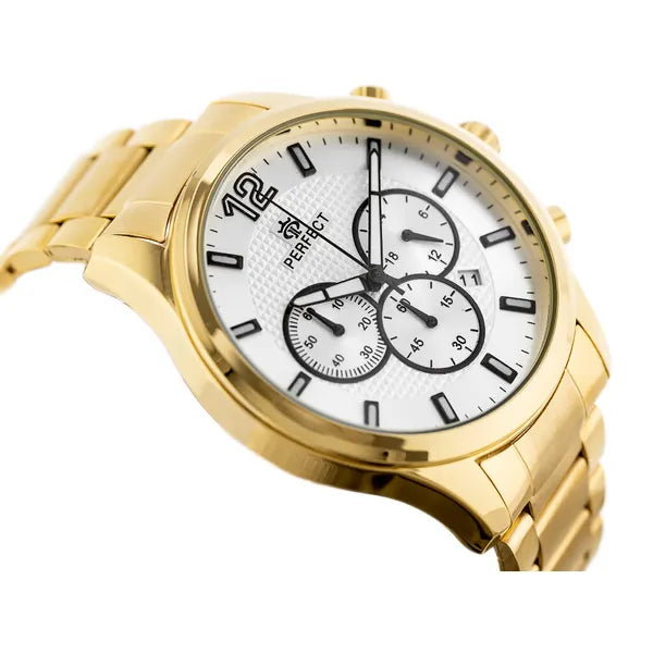Férfi kronográf karóra arany fém szíjjal, ezüst számlap, 44 mm