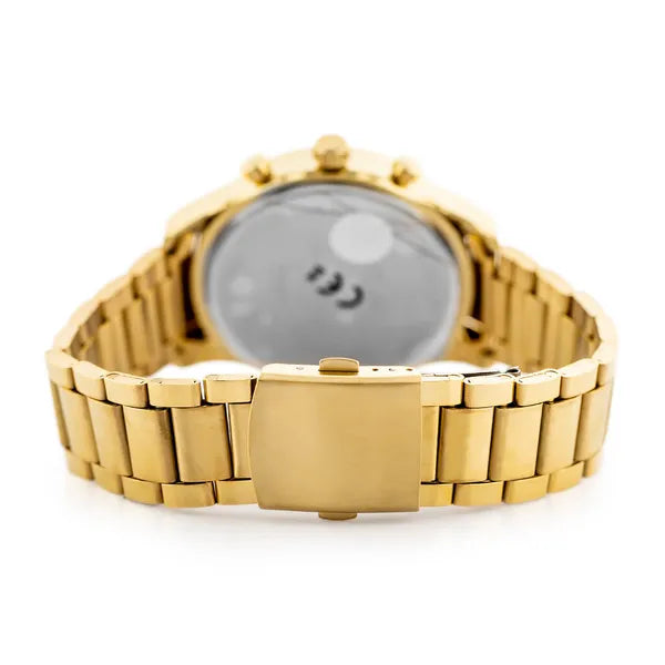 Férfi kronográf karóra arany fém szíjjal, ezüst számlap, 44 mm