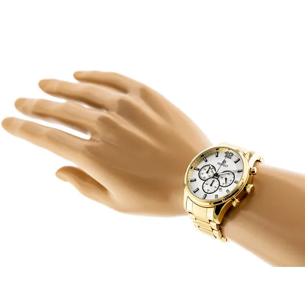 Férfi kronográf karóra arany fém szíjjal, ezüst számlap, 44 mm