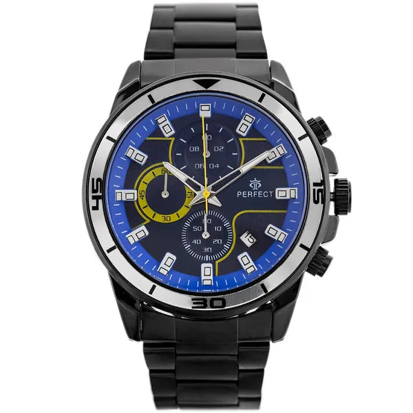 Perfect CH02M férfi kronográf karóra, fekete fém szíj, kék 46 mm