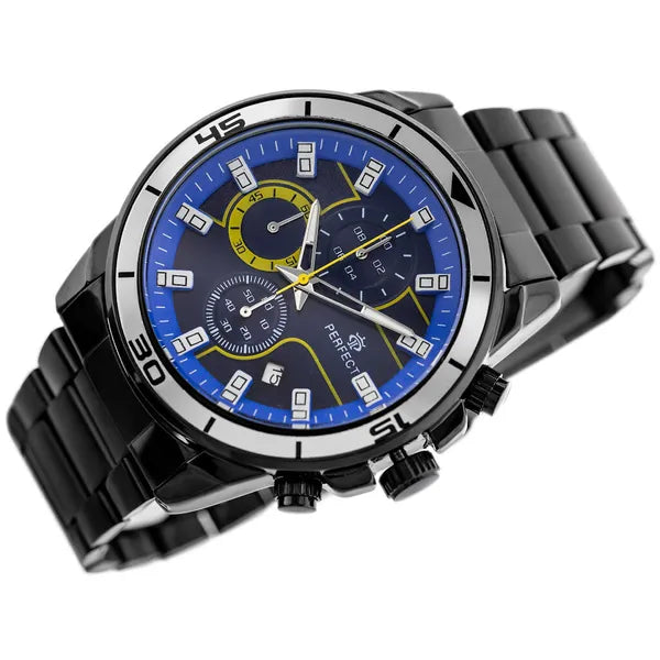 Perfect CH02M férfi kronográf karóra, fekete fém szíj, kék 46 mm