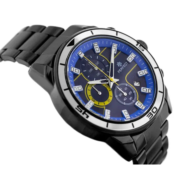 Perfect CH02M férfi kronográf karóra, fekete fém szíj, kék 46 mm
