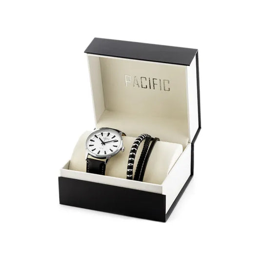 Pacific férfi karóra ajándékszett, kvarc, 44 mm, WR50, bőrszíj, fehér-fekete