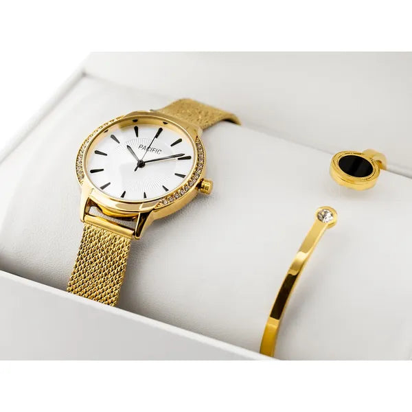 Női arany színű Miyota kvarc karóra ajándékszett, 34 mm tok