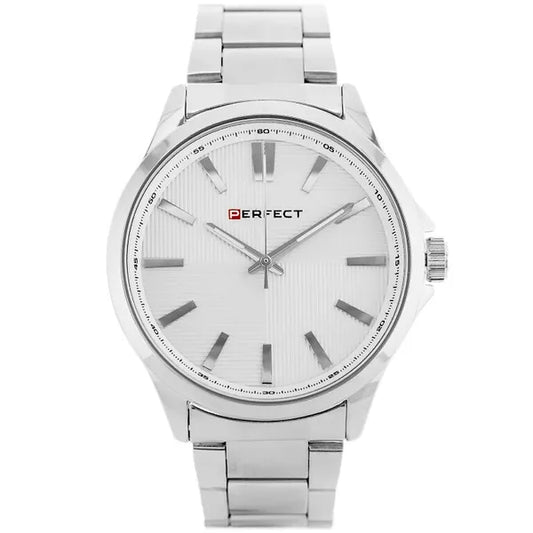 Ezüst férfi karóra fehér számlappal, fémszíj, 46 mm, WR30