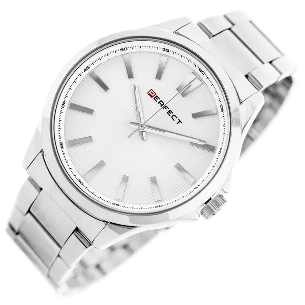 Ezüst férfi karóra fehér számlappal, fémszíj, 46 mm, WR30