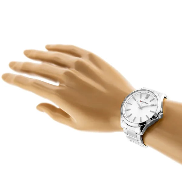 Ezüst férfi karóra fehér számlappal, fémszíj, 46 mm, WR30