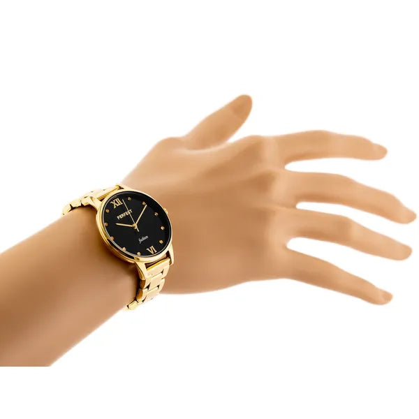 Női karóra, quartz, 34 mm, arany szíj/fekete számlap + díszdoboz
