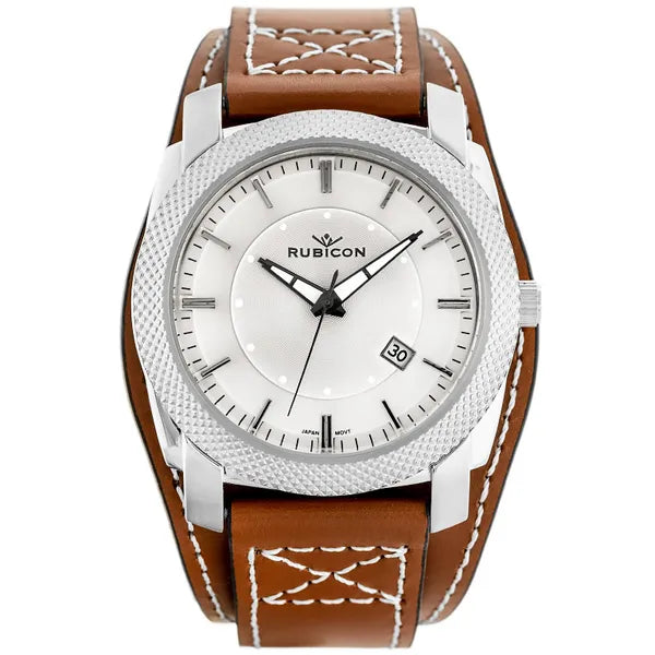 Uniszex Rubicon karóra ezüst számlappal, barna bőrszíjjal, dátum, 45 mm