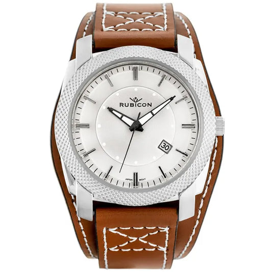 Uniszex Rubicon karóra ezüst számlappal, barna bőrszíjjal, dátum, 45 mm