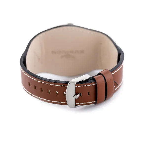 Uniszex Rubicon karóra ezüst számlappal, barna bőrszíjjal, dátum, 45 mm
