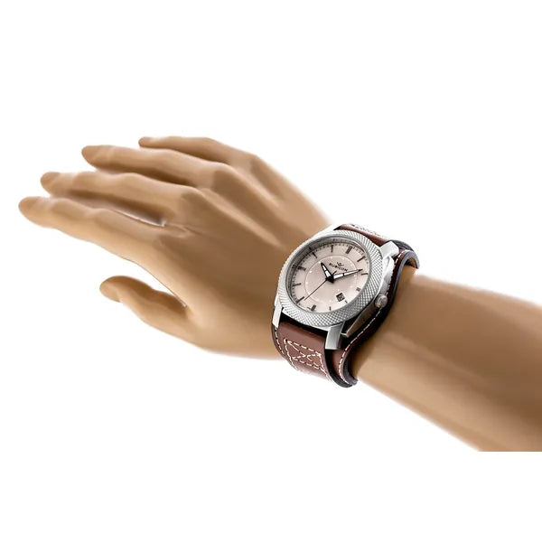 Uniszex Rubicon karóra ezüst számlappal, barna bőrszíjjal, dátum, 45 mm