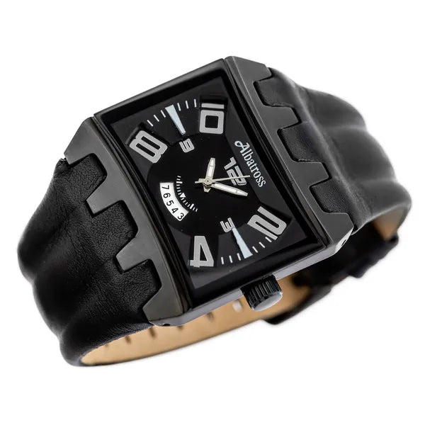 Albatross fekete férfi karóra, bőr szíj, 42 mm WR30