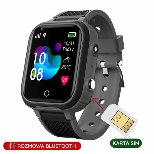 Gyerek okosóra GPS-szel, 4G SIM-es, IP67 vízálló, 1,32" kijelző, fekete