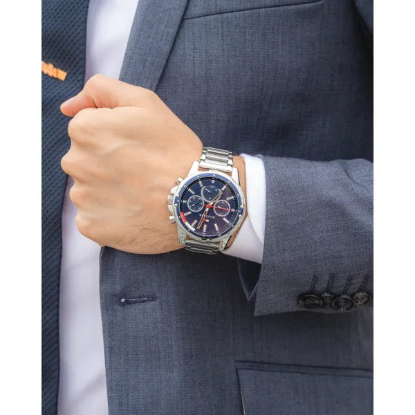 Tommy Hilfiger Mason férfi karóra, acél szíj, 46 mm, WR30, kék számlap