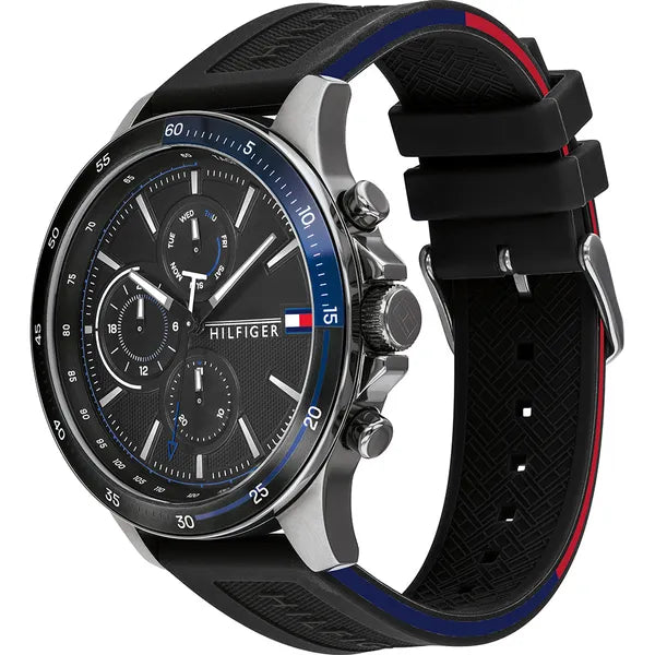 Tommy Hilfiger férfi karóra, fekete számlap, kvarc, gumi szíj, WR50