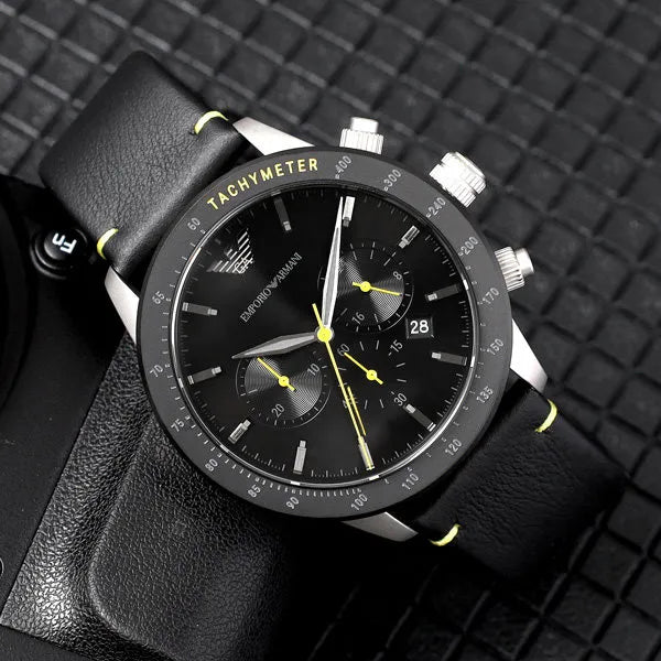 Emporio Armani AR11325 férfi kronográf karóra, fekete bőr szíj, 43 mm
