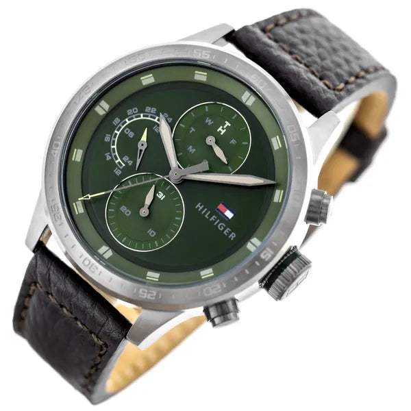Tommy Hilfiger Trent férfi karóra, kvarc, 46 mm, zöld számlap, bőrszíj.