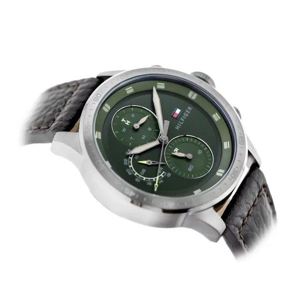 Tommy Hilfiger Trent férfi karóra, kvarc, 46 mm, zöld számlap, bőrszíj.
