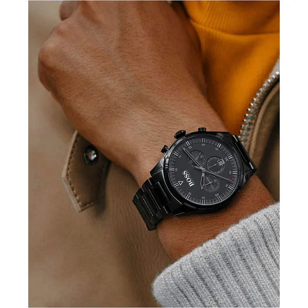 Hugo Boss Pioneer férfi kronográf karóra, fekete acél, 44 mm, WR50