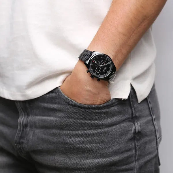 Hugo Boss Pioneer férfi kronográf karóra, fekete acél, 44 mm, WR50