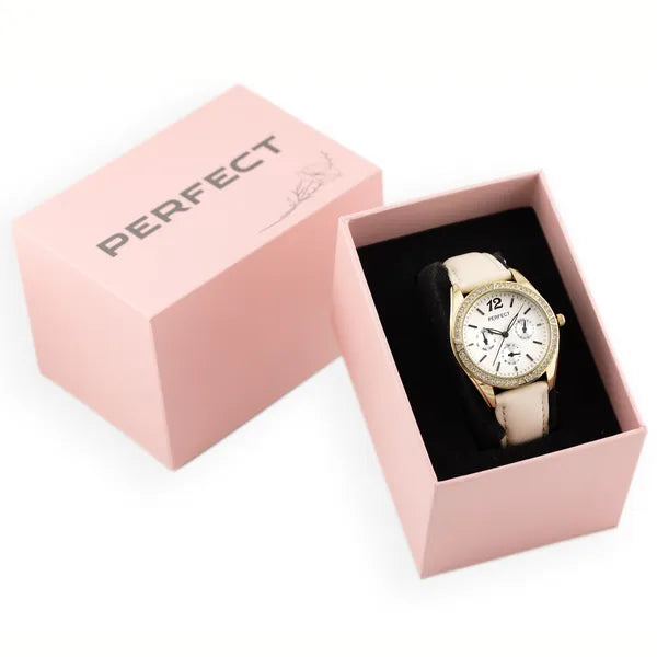 Perfect női karóra 30 mm aranytok, bézs bőrszíj, ezüst számlap
