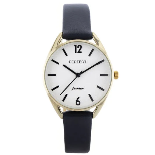 Perfect E347 női karóra, arany tok 34mm, ezüst számlap, fekete bőr szíj