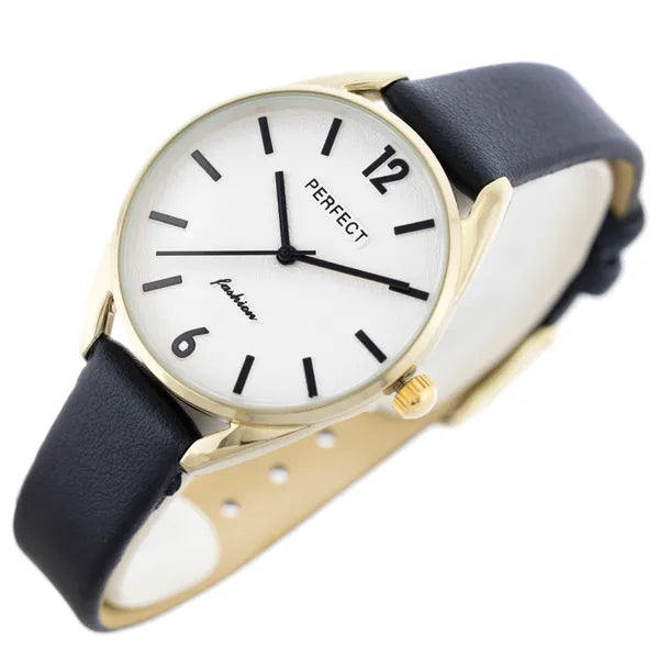 Perfect E347 női karóra, arany tok 34mm, ezüst számlap, fekete bőr szíj