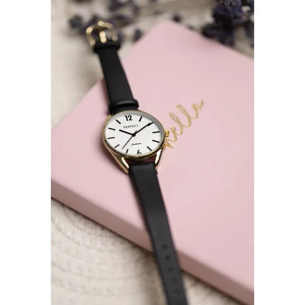 Perfect E347 női karóra, arany tok 34mm, ezüst számlap, fekete bőr szíj