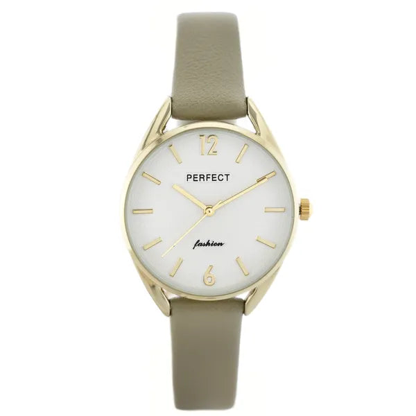 Perfect E347 női karóra, arany tok, olíva bőrszíj, ezüst számlap, 34 mm