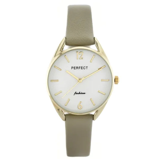 Perfect E347 női karóra, arany tok, olíva bőrszíj, ezüst számlap, 34 mm